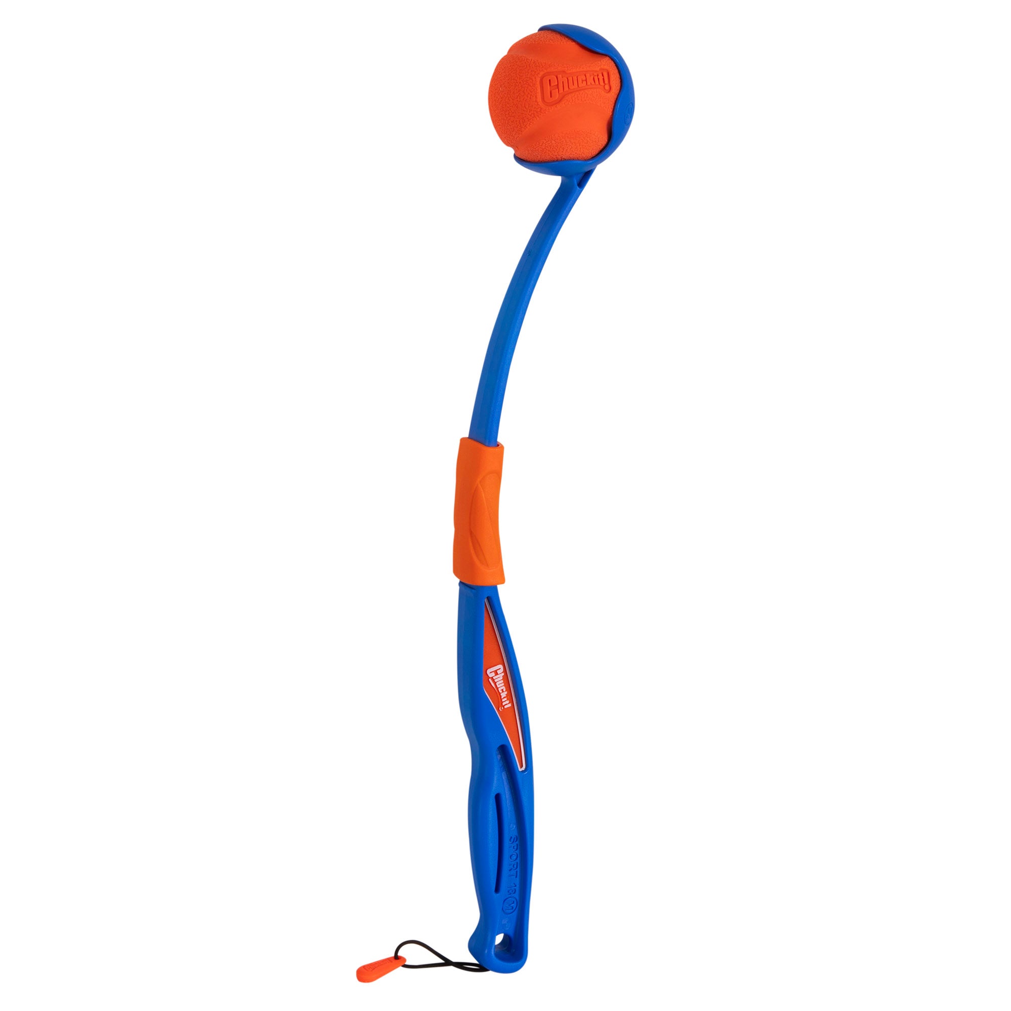 Introducing the Chuckit! Fetch & Fold Mini 18M Launcher by Chuckit—a blue and orange sport launcher with a flexible handle for easy ball throws. It holds an orange rubber fetch ball at the curved end and features a small loop on the handle for convenience.