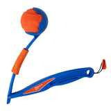 The blue and orange Chuckit! Fetch & Fold Mini 18M Launcher includes an orange rubber ball. The handle displays SPORT 18 with a hanging loop and features Chuckit branding on both the handle and the ball.