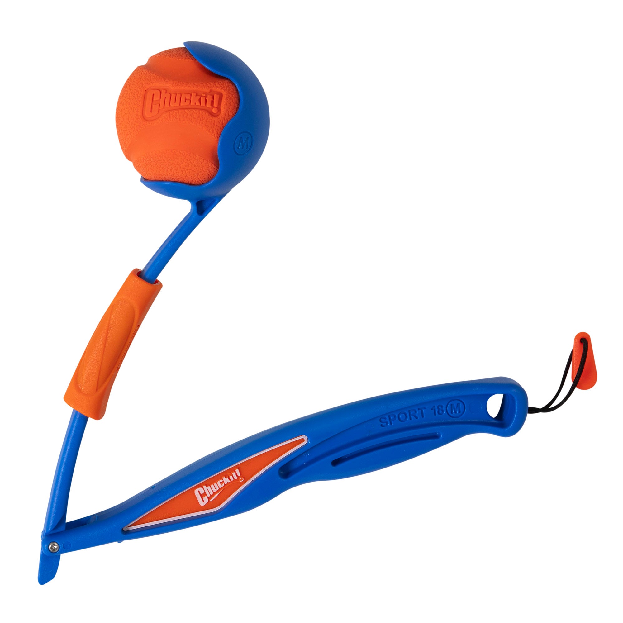 The blue and orange Chuckit! Fetch & Fold Mini 18M Launcher includes an orange rubber ball. The handle displays SPORT 18 with a hanging loop and features Chuckit branding on both the handle and the ball.