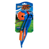 Packaging of the Chuckit Fetch & Fold Mini 18M Launcher in blue and orange, featuring an orange fetch ball for endless playtime. The background showcases a grassy field under a cloud-dotted sky.