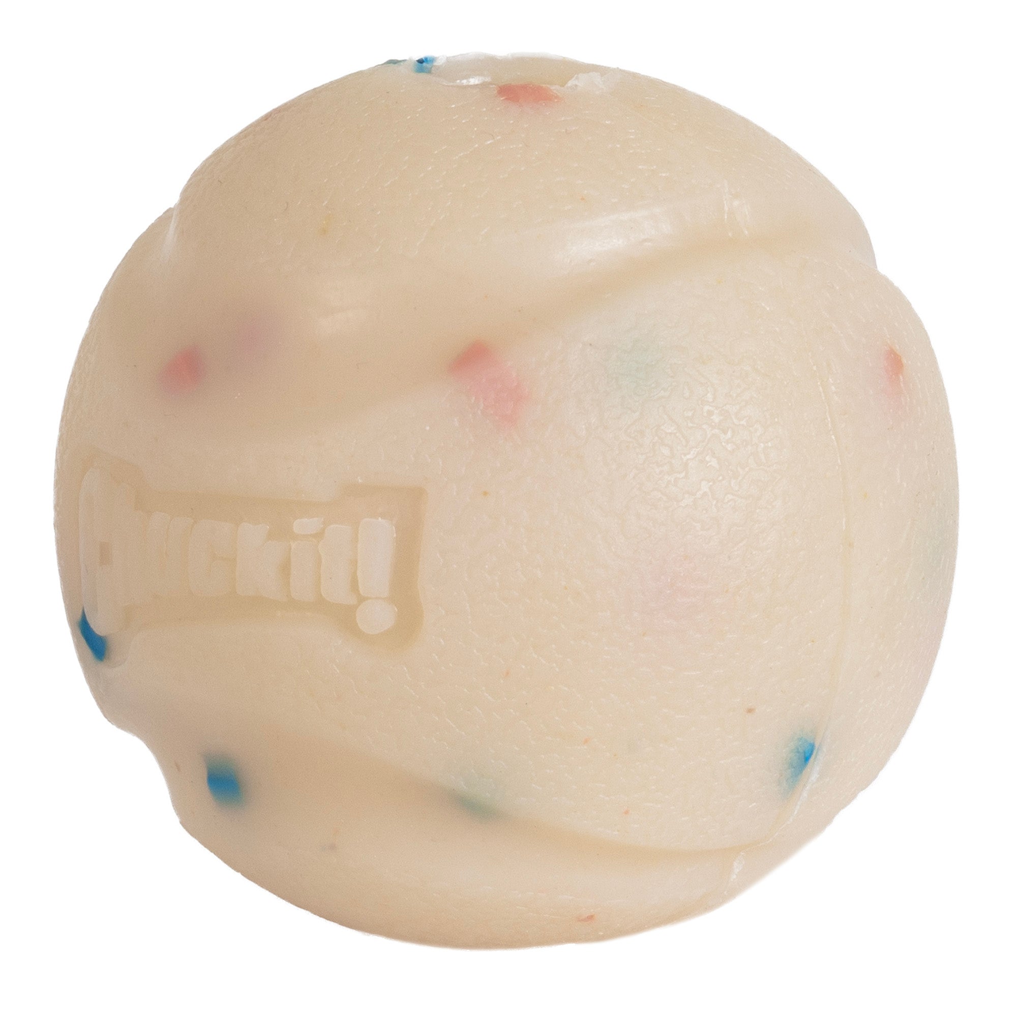 The Chuckit! Birthday Fetch Ball, made by Chuckit, is a natural rubber ball featuring a textured off-white surface with blue and pink specks. It has a wavy pattern with Chuckit! embossed on it and is compatible with Chuckit! Launchers for endless fun.