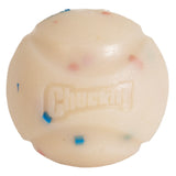 The Chuckit! Birthday Fetch Ball is a white natural rubber dog toy featuring the Chuckit logo, with small multicolored specks. Its designed to work perfectly with Chuckit! Launchers for an exciting fetch experience.