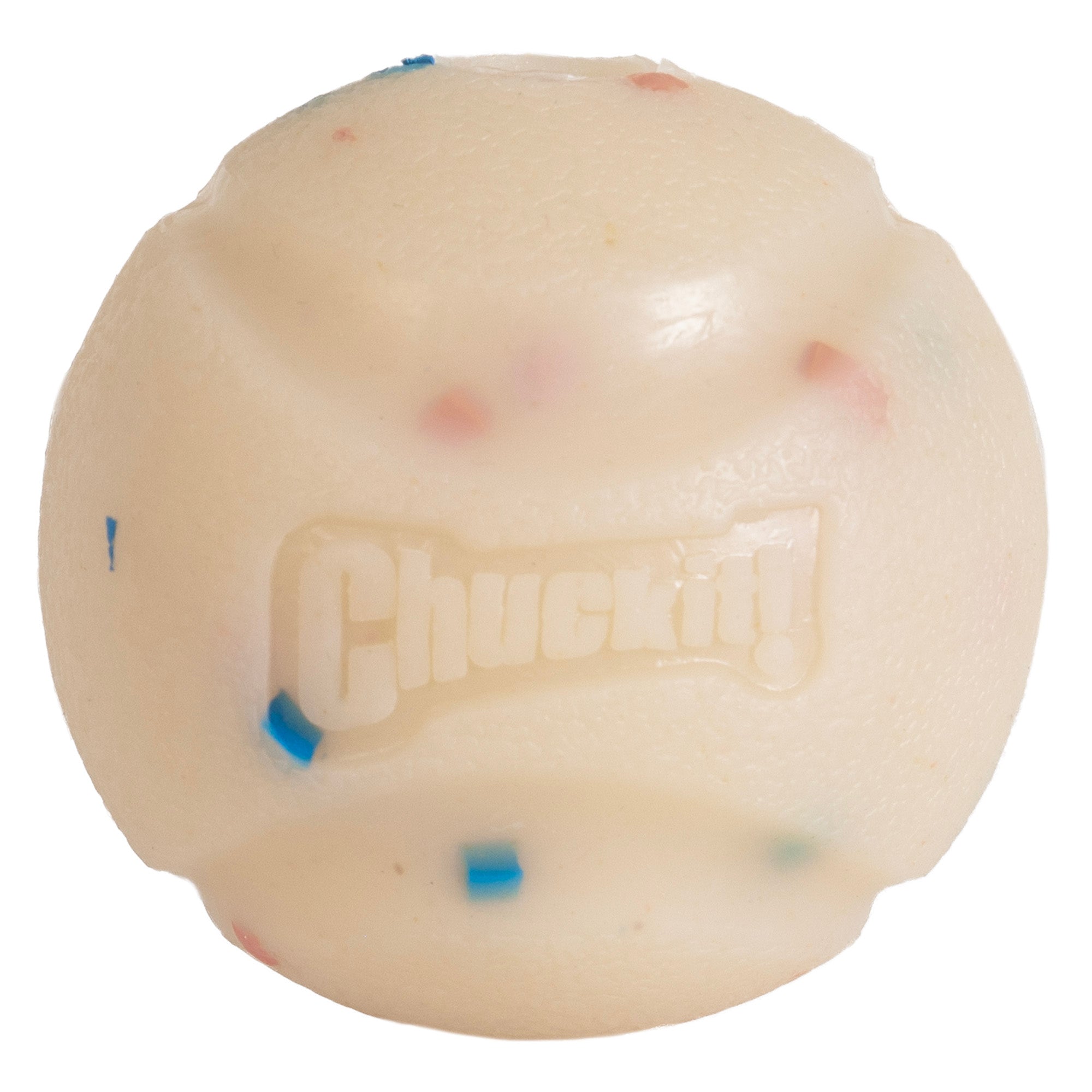 The Chuckit! Birthday Fetch Ball is a white natural rubber dog toy featuring the Chuckit logo, with small multicolored specks. Its designed to work perfectly with Chuckit! Launchers for an exciting fetch experience.