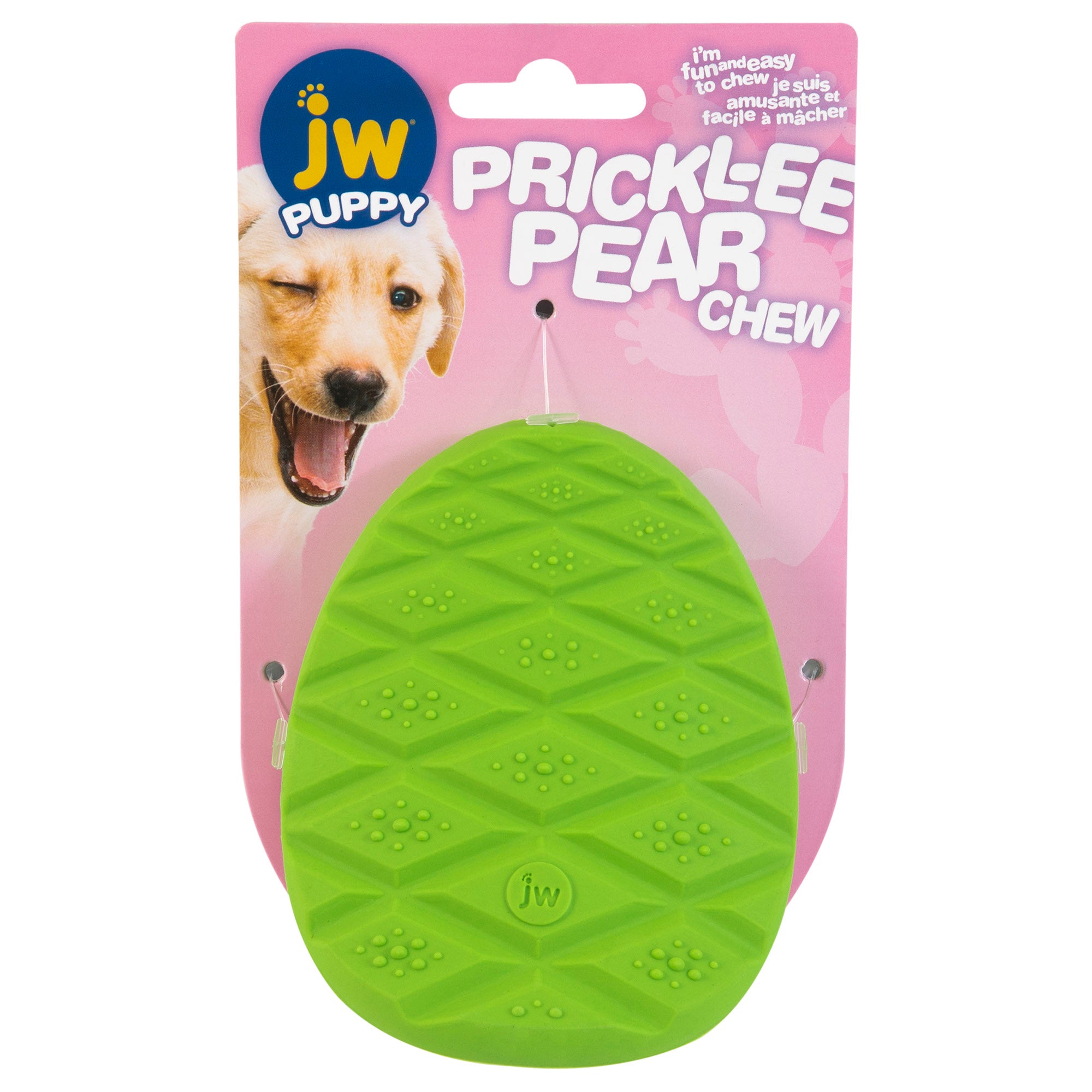 The JW Prickl-ee Pear Puppy Teether Chew Toy packaging showcases a winking puppy and a green, textured pear-shaped chew toy for dental health. The bright pink package includes playful text to highlight the products benefits.