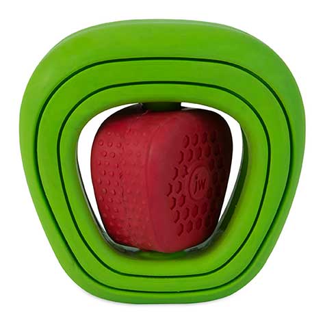 The JW Apple Core Chew-ee Dental Dog Toy by Jw features a red, textured cube enclosed in three rounded green rings. Made of durable rubber or plastic, this toy is designed for pets and promotes dental health.