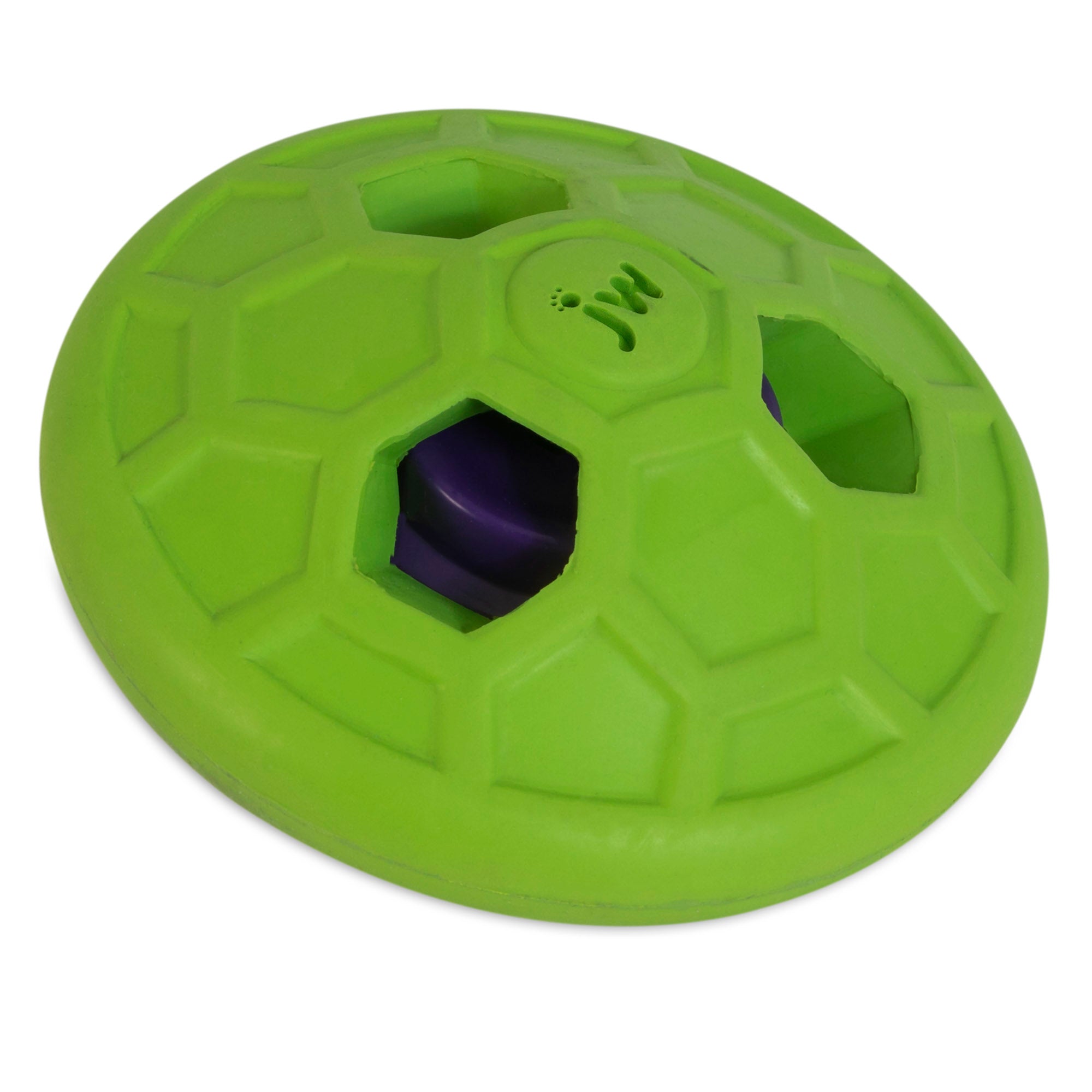 The JW Natural Sounds Rumbler by Jw is a green, disc-shaped dog toy with a honeycomb pattern featuring hexagonal openings. A partially visible purple component inside offers an entertaining distraction for playful pets, ideal for work-from-home environments.
