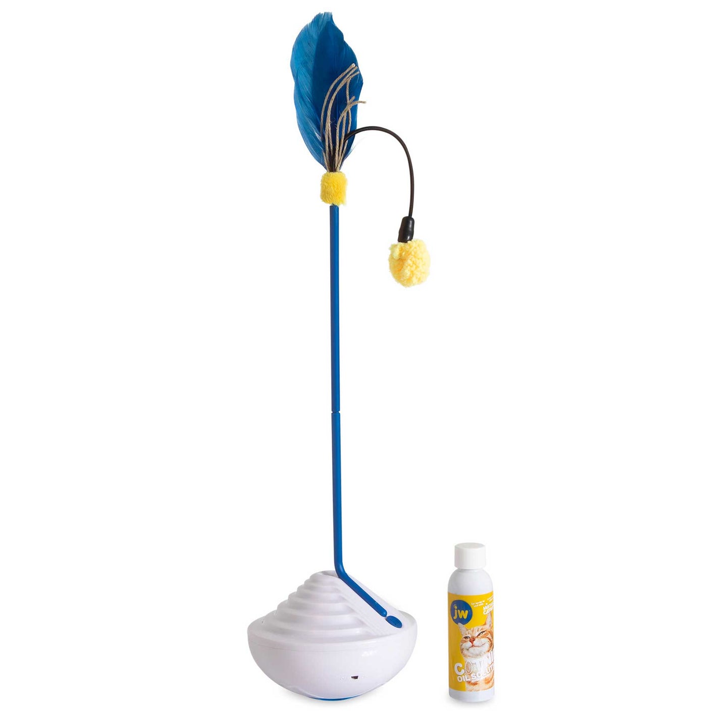 The JW Catnip Mister by Jw is a feather teaser cat toy with a tall blue wand featuring a feather and yellow pom-pom on top, mounted on a rounded white base, and comes with a small bottle of catnip oil solution beside the base.
