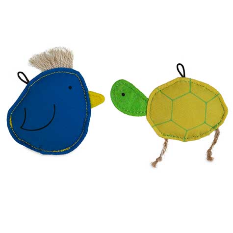 The JW Bird-ee & Turtl-ee Catnip Cat Toy Combo from Jw includes a blue bird with a yellow beak and tuft of beige fabric, plus a green and yellow turtle with rope legs. Made from textured fabrics and filled with organic catnip, the toys sport smiling faces and simple stitching details for feline fun.
