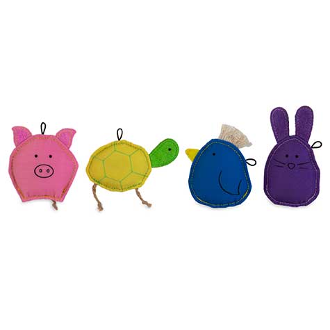 The JW Meet the Famil-ee Catnip Cat Toy Combo by Jw features four vibrant, durable toys: a pink pig, yellow turtle with green head, blue bird, and purple rabbit. Each toy includes stitched details and small loops on top, infused with organic catnip for playful feline fun.
