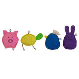 The JW Meet the Famil-ee Catnip Cat Toy Combo by Jw features four vibrant, durable toys: a pink pig, yellow turtle with green head, blue bird, and purple rabbit. Each toy includes stitched details and small loops on top, infused with organic catnip for playful feline fun.