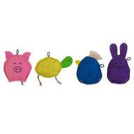The JW Meet the Famil-ee Catnip Cat Toy Combo by Jw features four vibrant, durable toys: a pink pig, yellow turtle with green head, blue bird, and purple rabbit. Each toy includes stitched details and small loops on top, infused with organic catnip for playful feline fun.