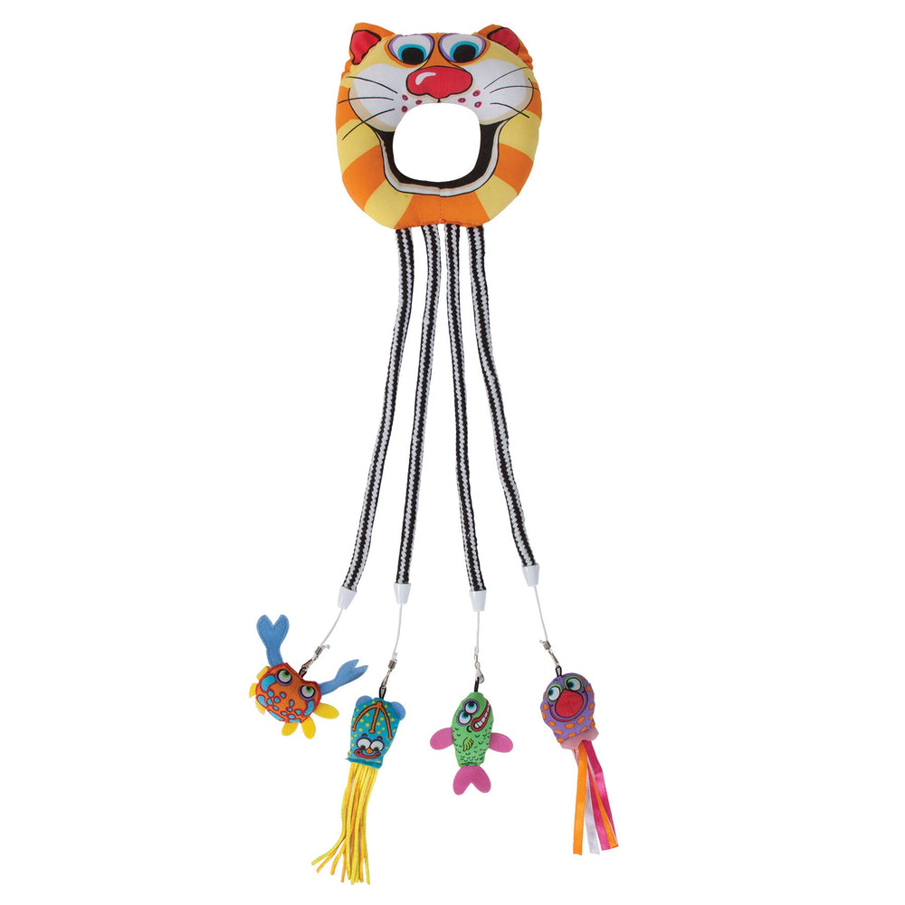 The FAT CAT Catfisher Doorknob Hanger by Fatcat features a tiger face on top and four black and white striped cords, each ending with a Kitty Lure—a vibrant fish ornament with patterns and tassels—ideal for entertaining your cat.
