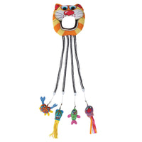 The FAT CAT Catfisher Doorknob Hanger by Fatcat features a tiger face on top and four black and white striped cords, each ending with a Kitty Lure—a vibrant fish ornament with patterns and tassels—ideal for entertaining your cat.