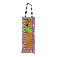 Check out the FAT CAT Scratchy Mat Doorknob Hanger by Fatcat, a vibrant cat scratcher featuring a natural sisal surface framed in purple fabric with cartoon designs. It includes a playful green feather toy, organic catnip, and an easy-hang black-and-white striped handle.