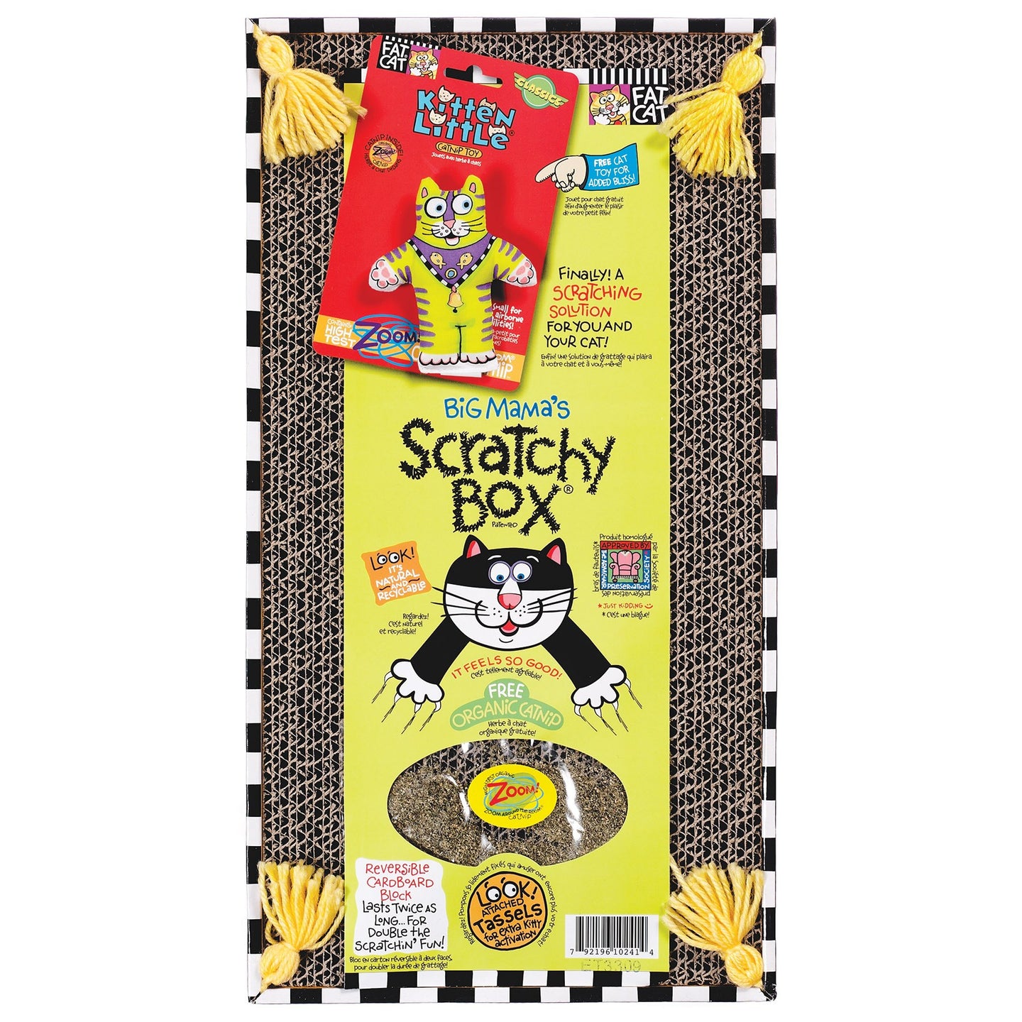 The FAT CAT Big Mamas Scratchy Box Double Wide by Fatcat is a charming eco-friendly cat scratcher featuring a cartoon cat, black and white checkered border, and yellow tassels. It includes the Kitten Little, a red toy on top filled with organic catnip.