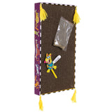 The FAT CAT Big Mamas Scratchy Box Double Wide by Fatcat is a recyclable, vertical rectangular cat scratcher decorated with yellow tassels, whimsical patterns, and a colorful cartoon cat. It includes a small packet of organic catnip attached to its textured surface.