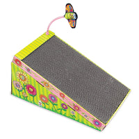 Introducing Fatcats FAT CAT Big Mamas Scratch N Play Ramp: an eco-friendly, recyclable cat scratcher with a cardboard surface, floral illustrations on green and yellow stripes, a playful butterfly toy, and infused with Big Mamas Catnip for extra fun!.