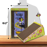 Introducing Fatcats eco-friendly FAT CAT Big Mamas Scratch N Play Ramp: a recyclable cardboard cat scratch ramp with floral designs and a bee toy on a spring. Standing 18.5 inches tall and 10 inches wide, its packaging features cartoon cats and playful text. Enhance the fun with Big Mamas Catnip!.