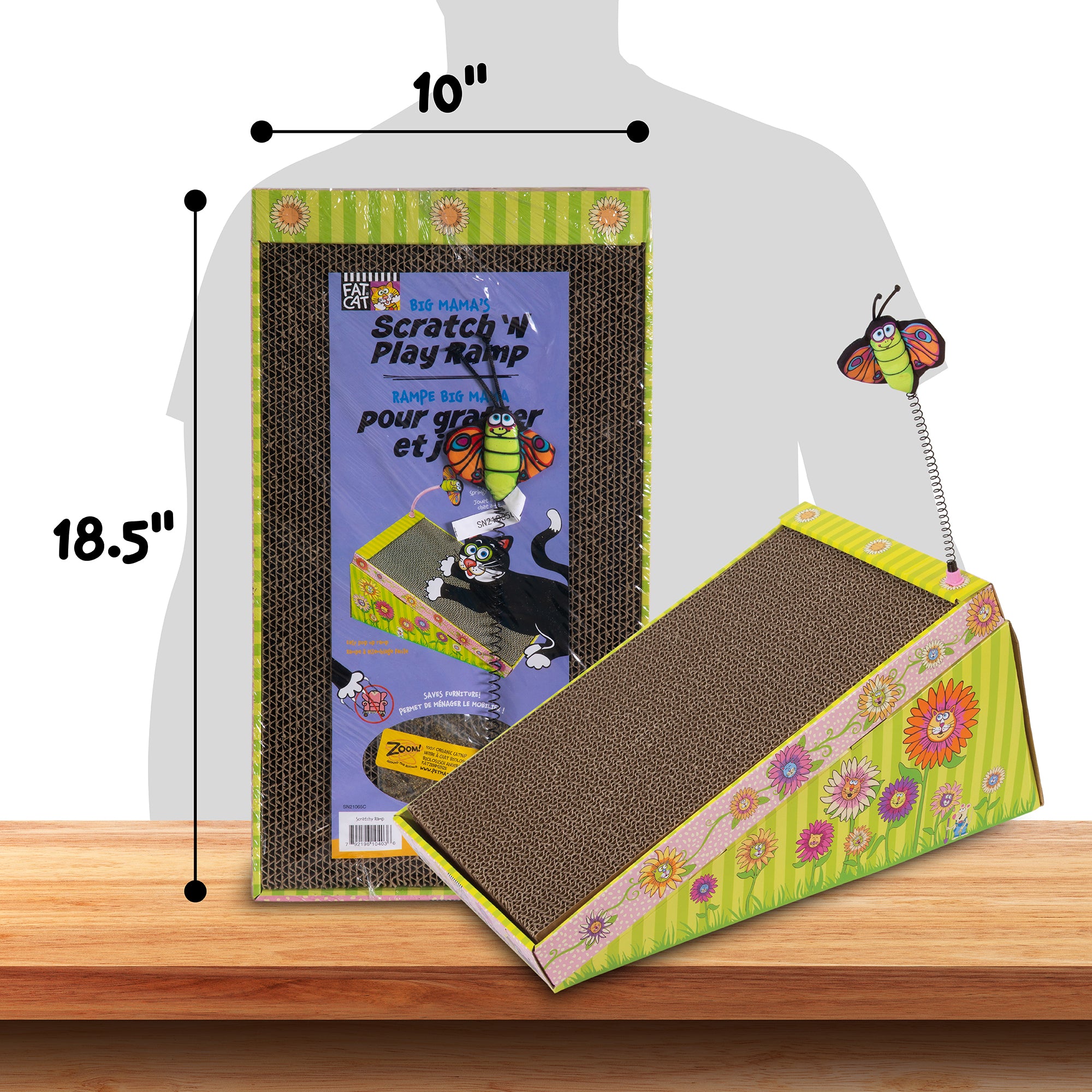 Introducing Fatcats eco-friendly FAT CAT Big Mamas Scratch N Play Ramp: a recyclable cardboard cat scratch ramp with floral designs and a bee toy on a spring. Standing 18.5 inches tall and 10 inches wide, its packaging features cartoon cats and playful text. Enhance the fun with Big Mamas Catnip!.