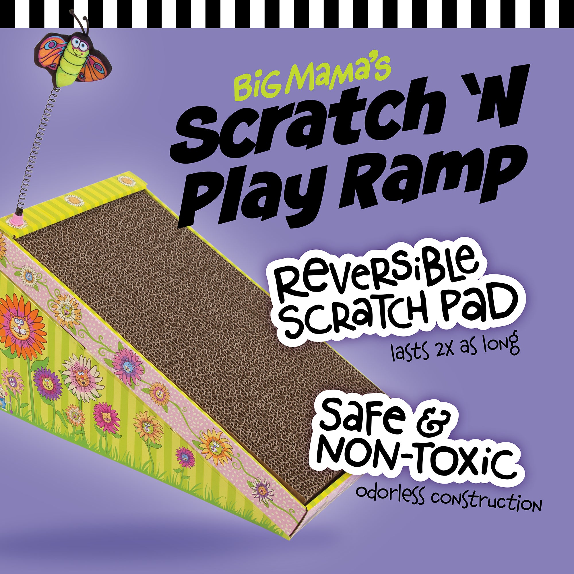 The FAT CAT Big Mamas Scratch N Play Ramp by Fatcat features a reversible floral-design scratch pad that lasts 2x longer. Its eco-friendly, recyclable, safe, and non-toxic for cats.