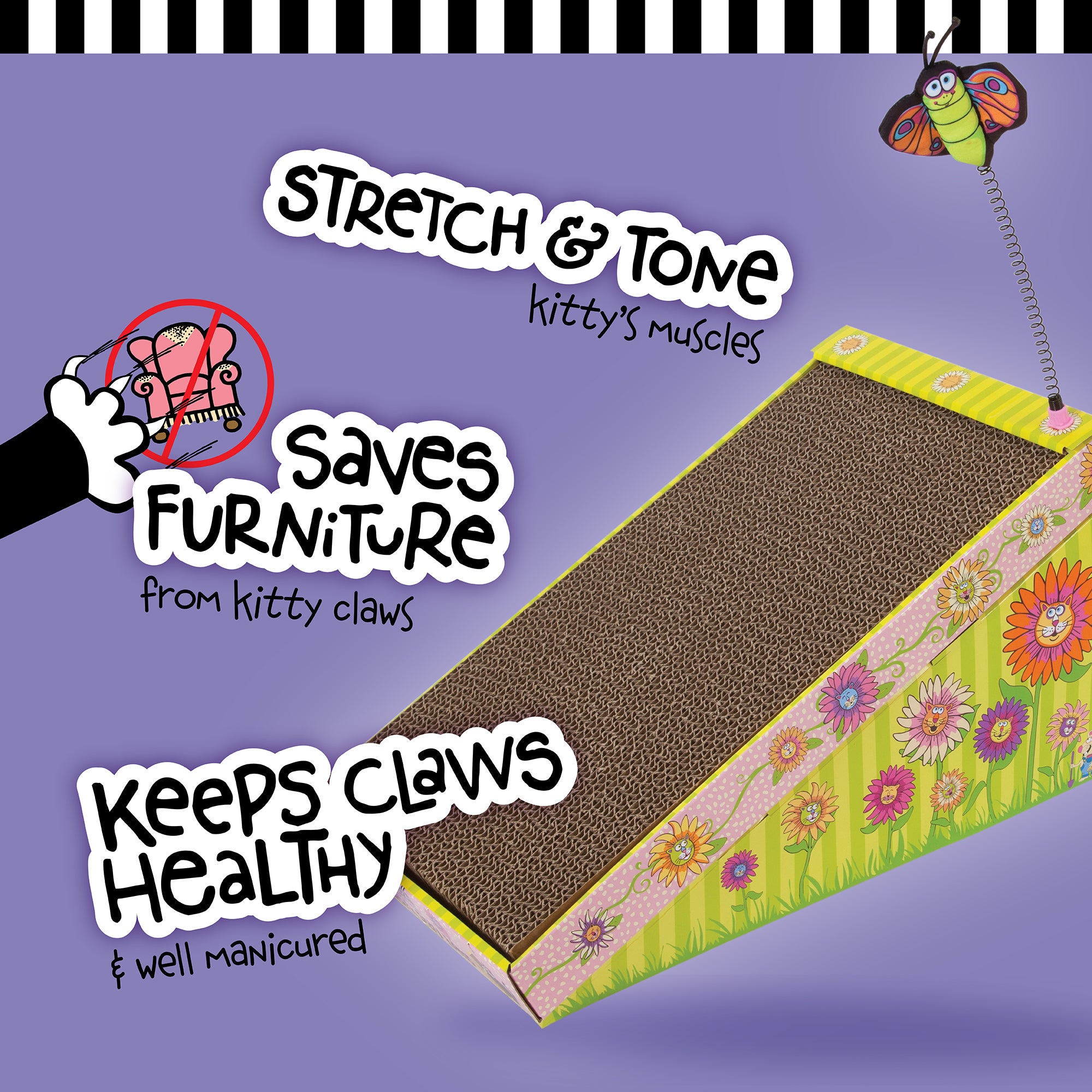 The FAT CAT Big Mamas Scratch N Play Ramp by Fatcat, made from brown corrugated material, rests on a lavender background with colorful flowers. Key benefits include Stretch & Tone, Saves Furniture, and Keeps Claws Healthy. Its infused with Big Mamas Catnip and is 100% eco-friendly recyclable.