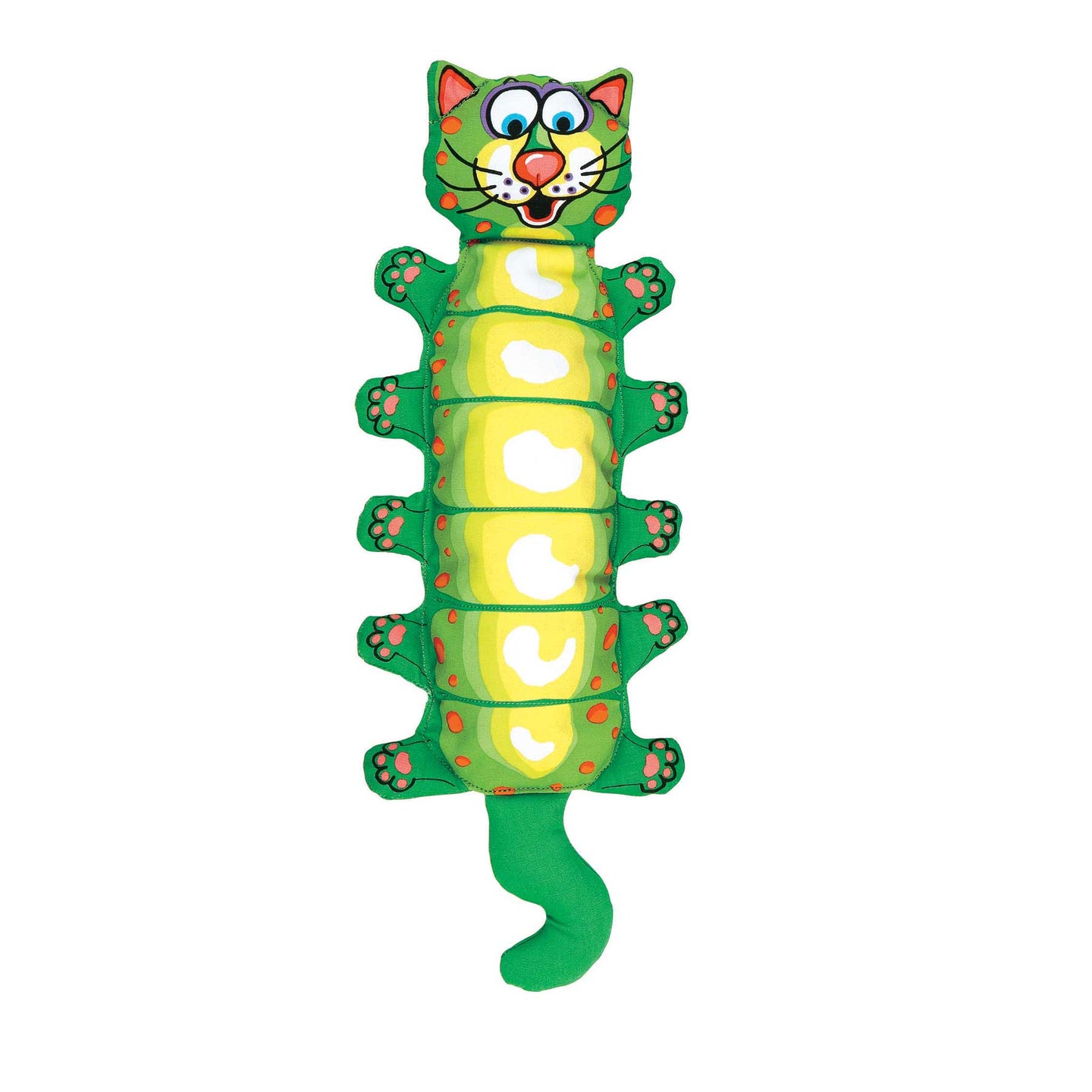 The FAT CAT Water Bottle Crunchers Dog Toy by Fatcat is a colorful, cartoonish caterpillar with a cat-like face, green body, yellow segments, six legs, and a playful green tail—perfect for playtime adventures!.