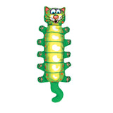 The FAT CAT Water Bottle Crunchers Dog Toy by Fatcat is a colorful, cartoonish caterpillar with a cat-like face, green body, yellow segments, six legs, and a playful green tail—perfect for playtime adventures!.