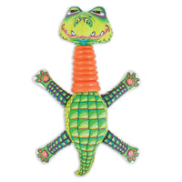 The FAT CAT Rubber Neckers Dog Toy by Fatcat is a vibrant cartoon crocodile with an orange rubber neck, green and yellow scales, and pink paws. Its exaggerated features guarantee endless fun.