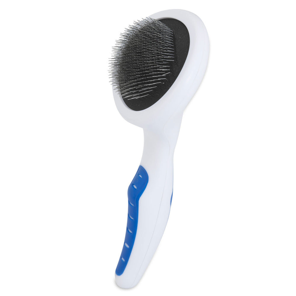 The JW Gripsoft Slicker Brush for Dogs by Jw is a white brush tailored for double-coated breeds, featuring an oval-shaped head with metal bristles. It expertly detangles and removes loose fur, while its ergonomic handle with blue accents and Gripsoft technology ensures comfort.