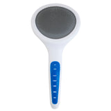The JW Gripsoft Slicker Brush with Soft Pins by Jw offers a sleek, ergonomic design featuring a white handle with a blue rubber grip and soft pins on a large oval head with grey metal bristles for an effective grooming experience.