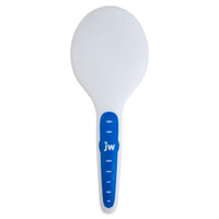 The JW Gripsoft Pin Brush, by Jw, is a plastic dog brush with a white round head and blue handle featuring jw. It offers non-slip grips with GripSoft technology and indented grooves for comfort.