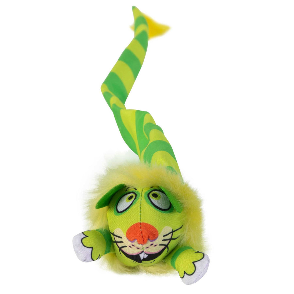 The FAT CAT Classic Tailchasers Cat Toy by Fatcat is a vibrant, whimsical plush resembling a snake with a cat-like face. Featuring green and yellow stripes, cartoon eyes, pink nose, and fluffy mane, it’s perfect for activating kitties to Zoom Around the Room® in delight.