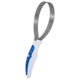 The JW Gripsoft Shedding Blade by Jw is an ergonomic grooming tool with a looped metal blade and small teeth, featuring a white and blue handle, expertly designed to remove loose hair and dirt from your pets.