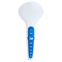 The JW Gripsoft Slicker Brush for Dogs features a long blue handle with JW in white and oval cutouts, ideal for pet care routines, especially for double-coated breeds.