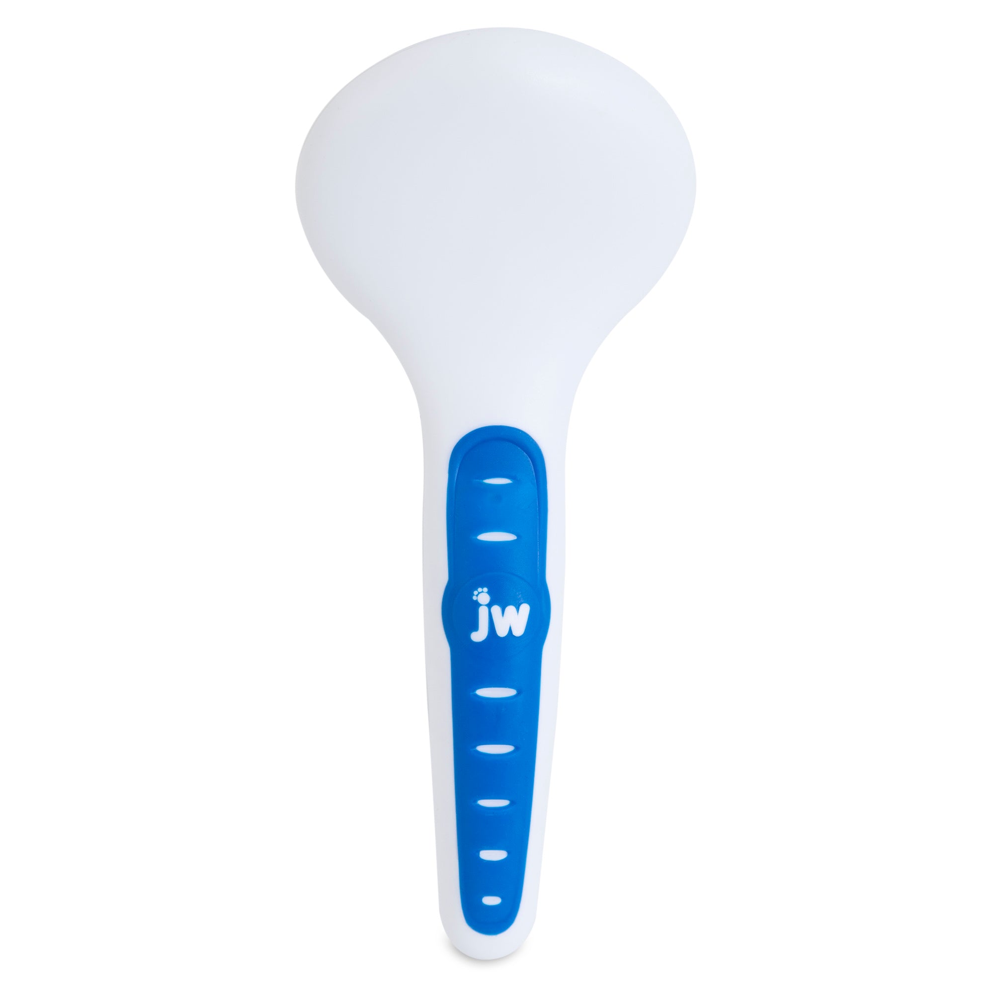 The JW Gripsoft Slicker Brush for Dogs features a long blue handle with JW in white and oval cutouts, ideal for pet care routines, especially for double-coated breeds.