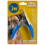 The JW Gripsoft Pet Nail Trimmer package features a vibrant yellow design with a cute dog image. This blue and gray guillotine-style trimmer has an ergonomic handle and non-slip grip, with English and French text for convenience.
