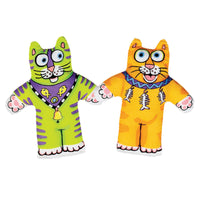 Two FAT CAT Classic Kitten Little Cat Toys by Fatcat, featuring colorful cartoonish designs with big eyes and wide smiles. One is green with purple stripes and a fish necklace; the other, orange with a bone pattern. Both are infused with organic catnip for Zoom Around the Room® fun.
