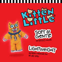 An illustration features the FAT CAT Classic Kitten Little Cat Toy by Fatcat, brightly colored with patterns and wide eyes, set on a red background. Text reads: Soft & Gentle on kittys mouth, infused with organic catnip for Zoom Around the Room® fun—lightweight for all-day play.
