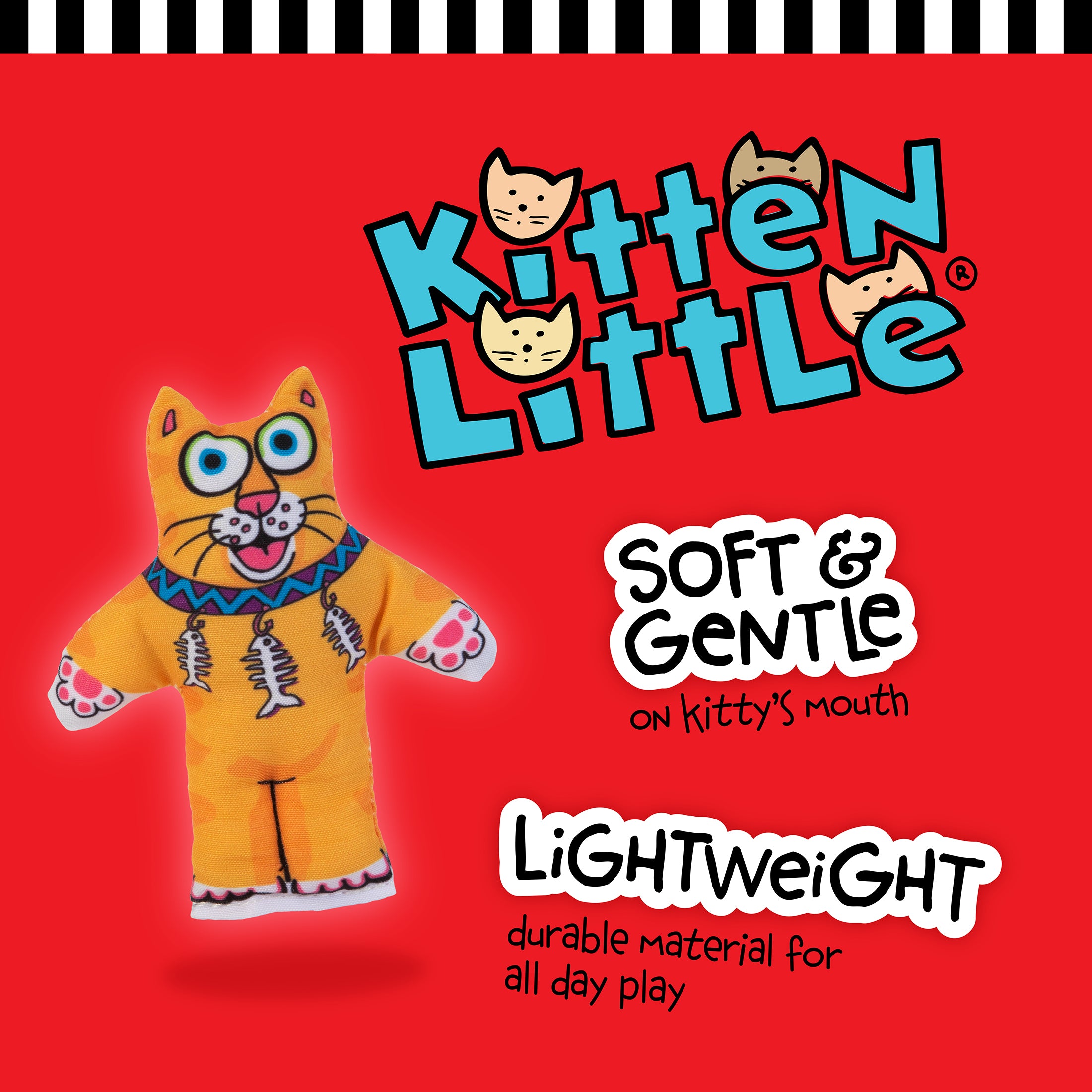 An illustration features the FAT CAT Classic Kitten Little Cat Toy by Fatcat, brightly colored with patterns and wide eyes, set on a red background. Text reads: Soft & Gentle on kittys mouth, infused with organic catnip for Zoom Around the Room® fun—lightweight for all-day play.