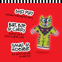 The FAT CAT Classic Kitten Little Cat Toy by Fatcat features a purple bandana, organic catnip, and text: Boredom-free play for kitty. Its the ideal size for bat, bite & carry and small & hideable fun, with a red background and striped top border. Perfect for solo play.
