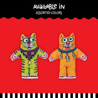 Two colorful FAT CAT Classic Kitten Little Cat Toys by Fatcat sit on a red background. The left toy is green with purple, yellow, and black stripes and wears a necklace. Its orange companion has blue eyes and bone patterns. Both are infused with organic catnip for endless fun. Assorted colors available.