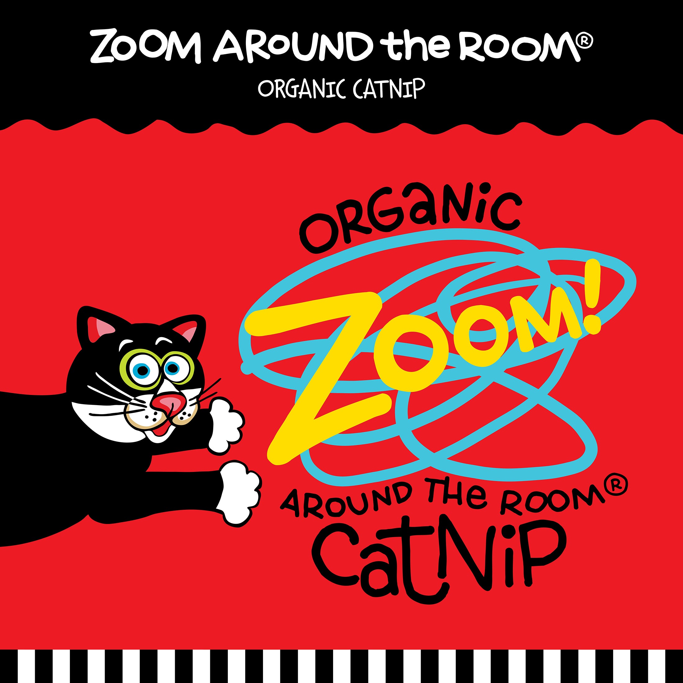 A whimsical cartoon cat with its tongue out, set against a colorful spiral and bordered by black and white stripes, promotes the FAT CAT Classic Kitten Little Cat Toy from Fatcat—perfect for kitten toys!.