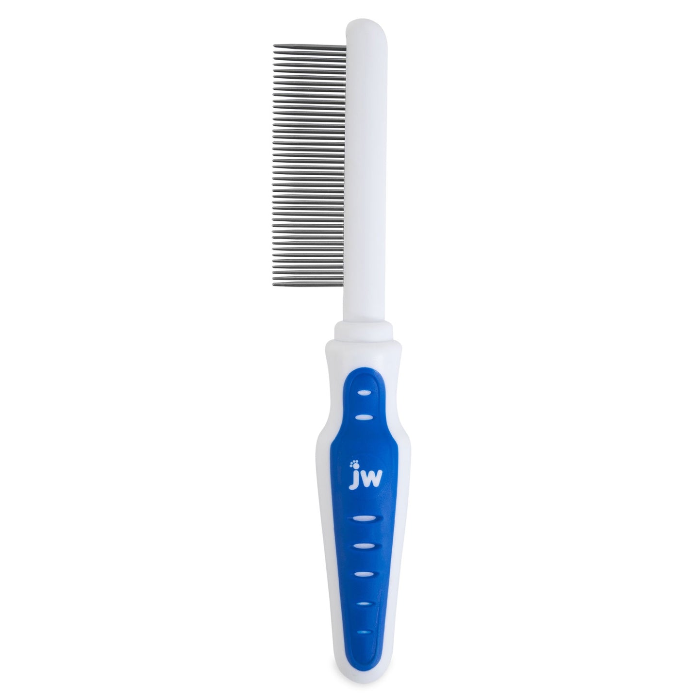 The JW Gripsoft Fine Tooth Comb is a pet care tool featuring metal teeth, a white handle, and a non-slip blue grip with JW branding.