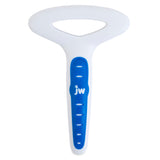 The JW Pet Gripsoft Double Row Undercoat Rake with regular teeth is a white and blue plastic grooming tool featuring a T-shaped handle, ideal for removing shedding hair from dogs.