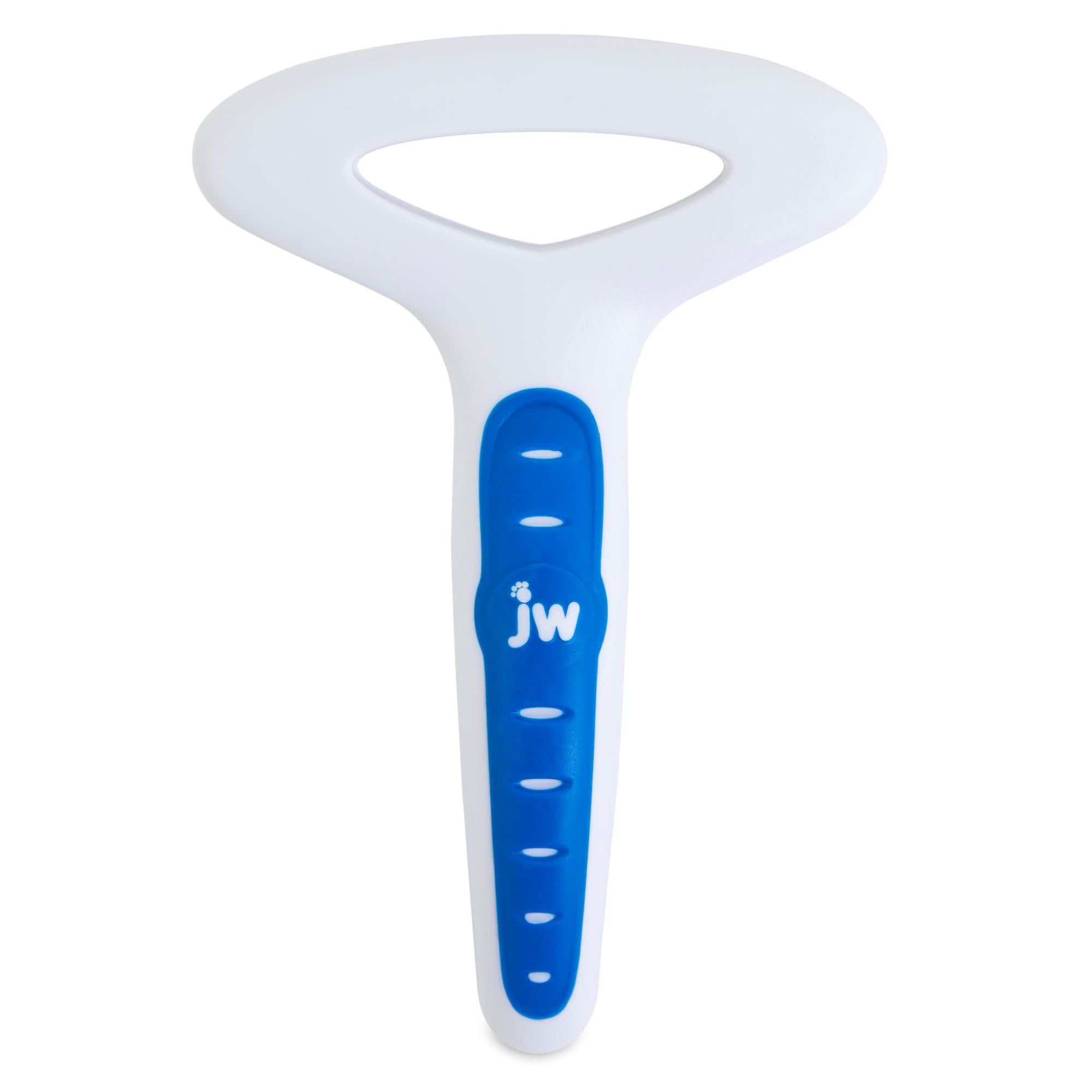 The JW Pet Gripsoft Double Row Undercoat Rake with regular teeth is a white and blue plastic grooming tool featuring a T-shaped handle, ideal for removing shedding hair from dogs.