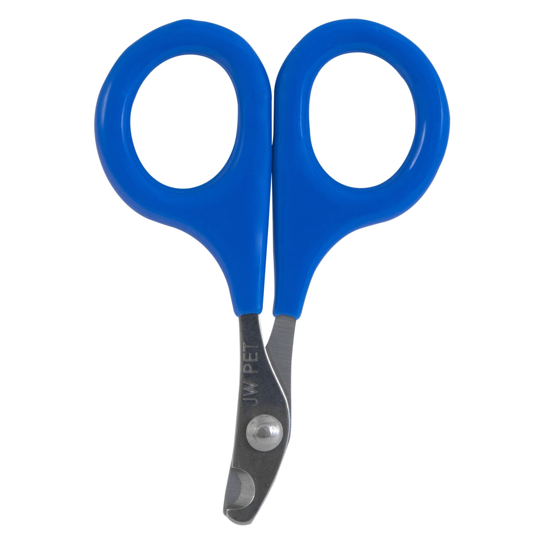 The JW Gripsoft Cat Nail Clipper by Jw features blue non-slip handles, a metal blade, rounded ends for safety, and dual circular grips for easy handling—a must-have tool in your grooming routine.