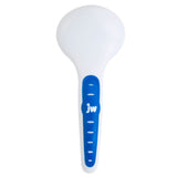 The JW Gripsoft Slicker Brush for Cats by Jw is a white rounded tool with a blue handle featuring jw. It includes small indentations and Gripsoft technology, indicating its designed for comfortable pet grooming.