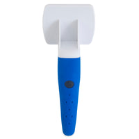 The JW Gripsoft Cat Brush by Jw features a blue and white design with a wide, rectangular head perfect for daily grooming. Its blue handle has black grip spots and the JW logo near the top, making it ideal for efficiently managing shedding fur while brushing your pets coat.