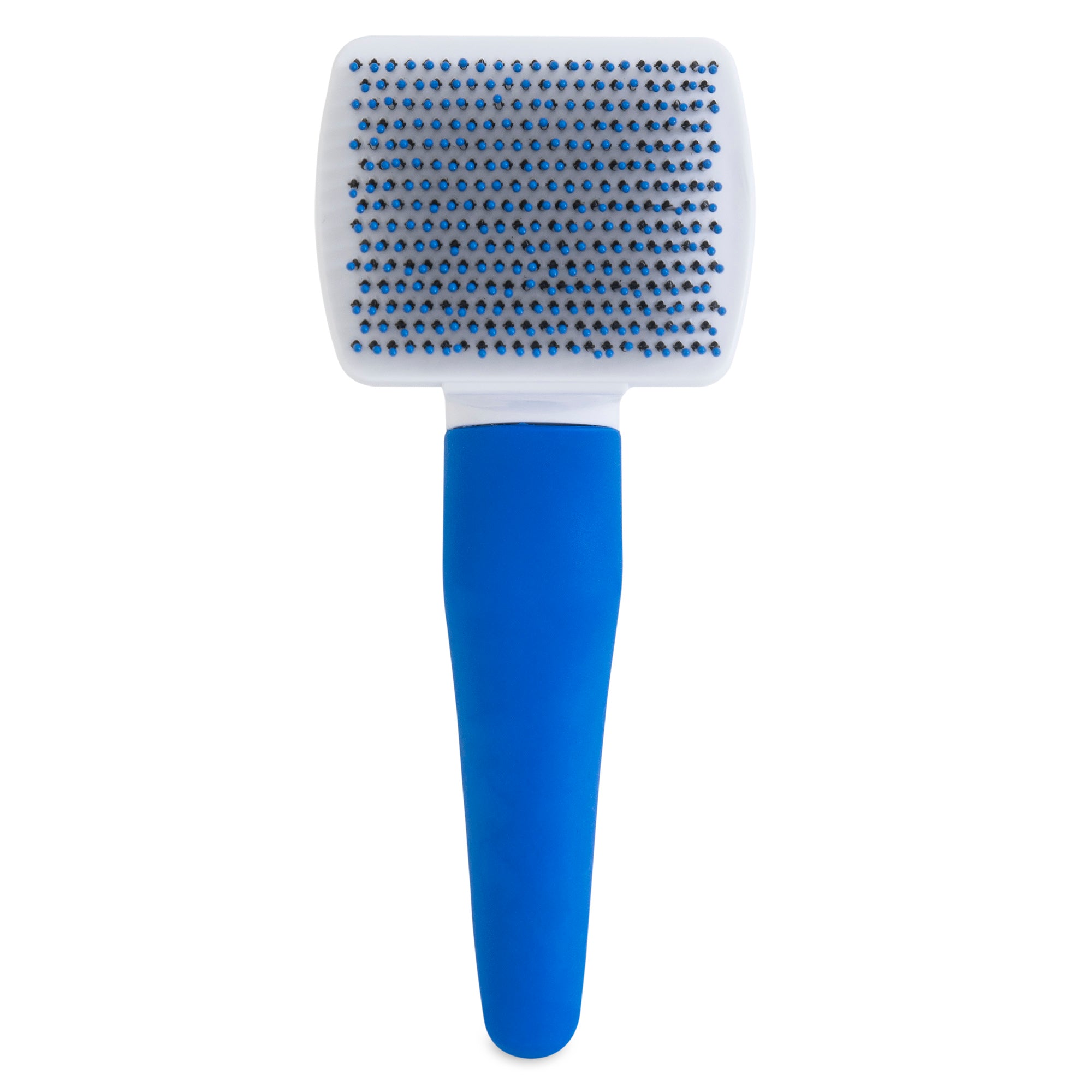 The JW Gripsoft Cat Brush by Jw features a rectangular head with fine metal bristles and a blue rubber handle for grip, making it ideal for daily grooming to effortlessly remove shedding fur and detangle pet hair.