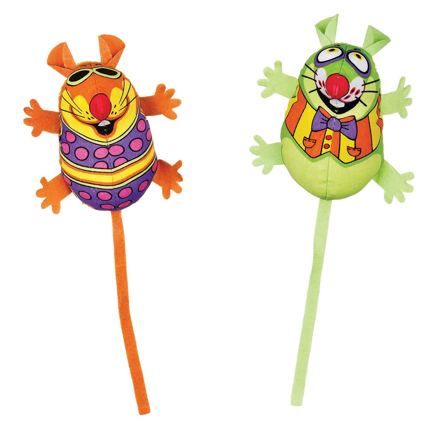 Two plush toys with long tails: the left one, part of Zoom Around the Room series, is orange with sunglasses and polka dots; the right one, a Fatcat Classic EEEKS toy, is green with glasses, a bow tie, and an orange jacket. Both toys have large eyes and wide smiles.